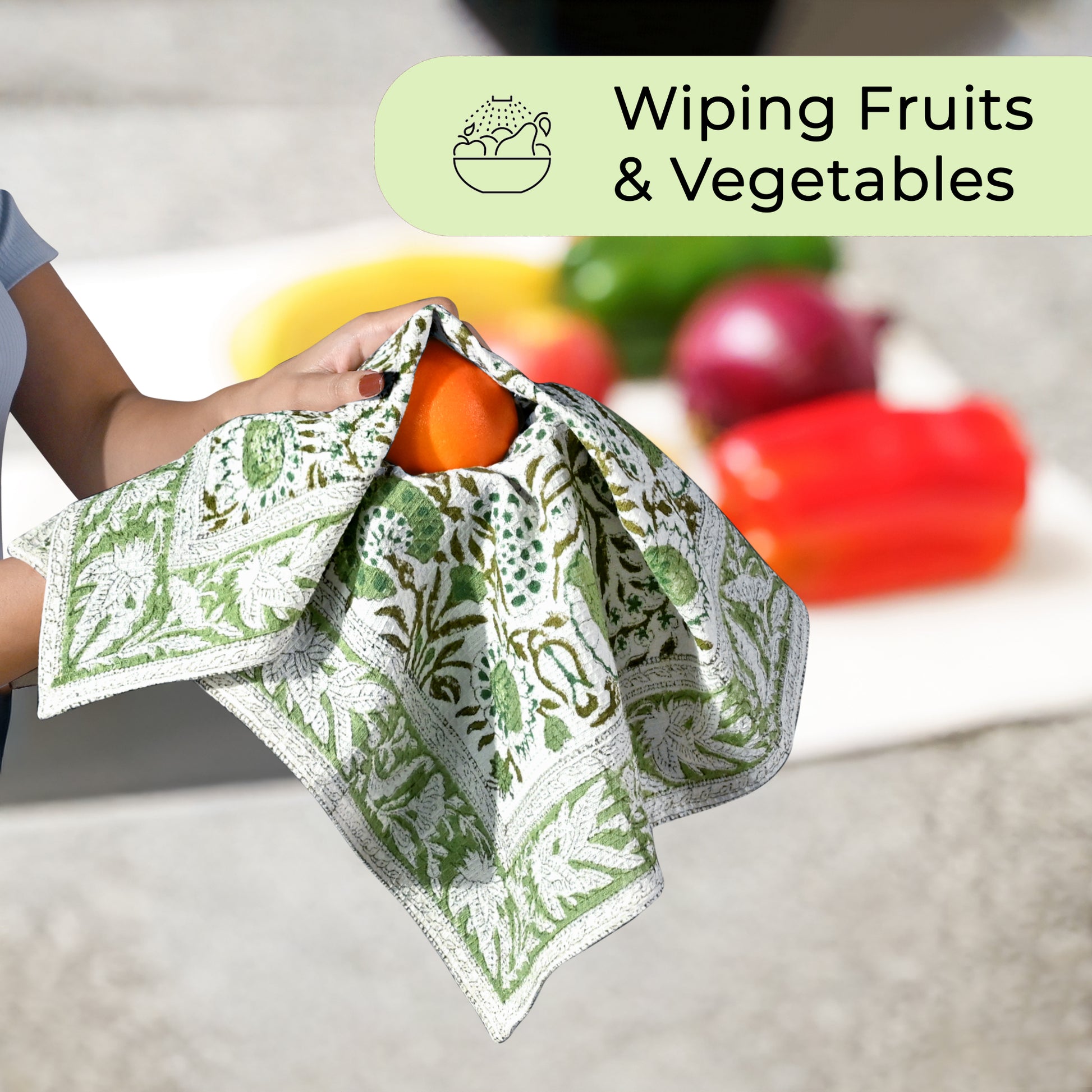 Hand Block Printed Waffle Kitchen Towels – Agate Green