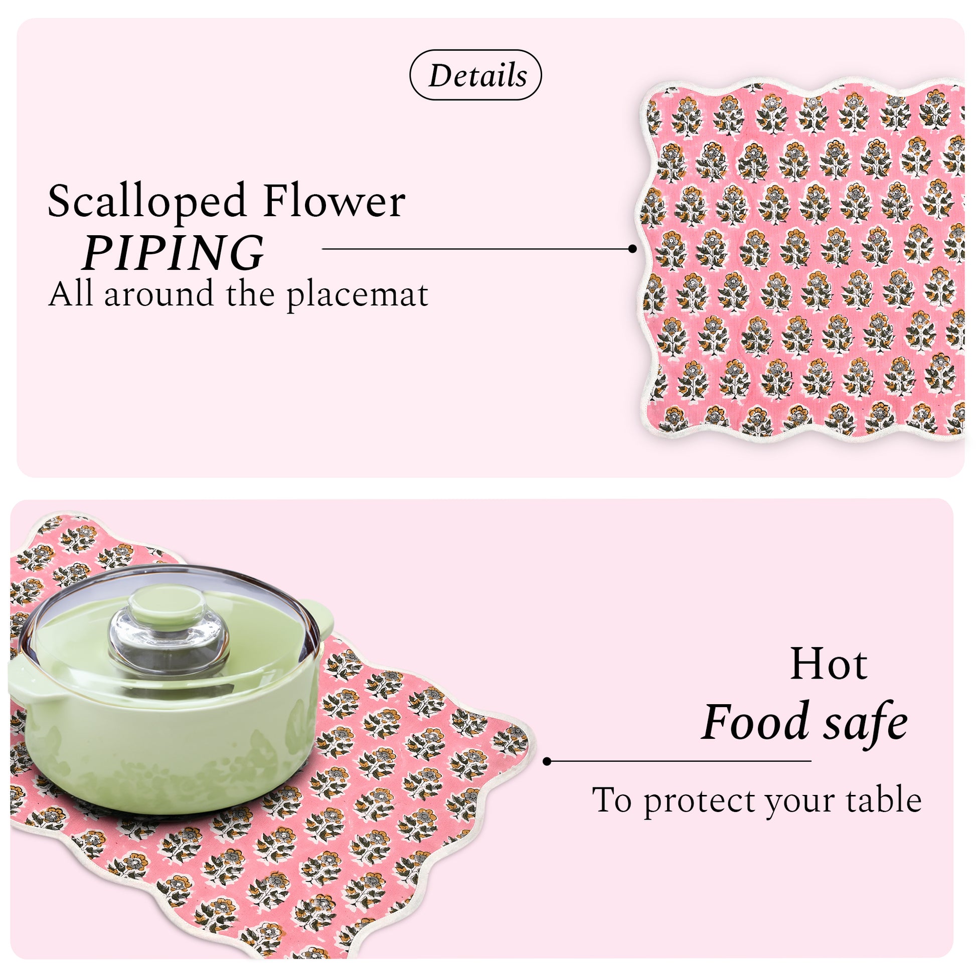 Rectangle 100% Cotton Reversible Placemat Set – Poppy Pink