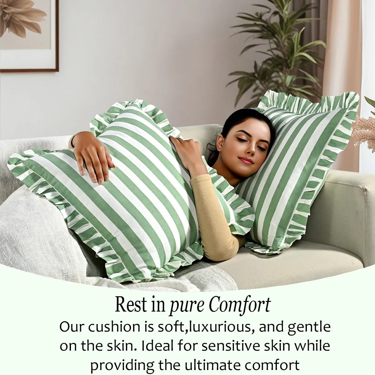 Green Striped Ruffle Throw Pillow Covers