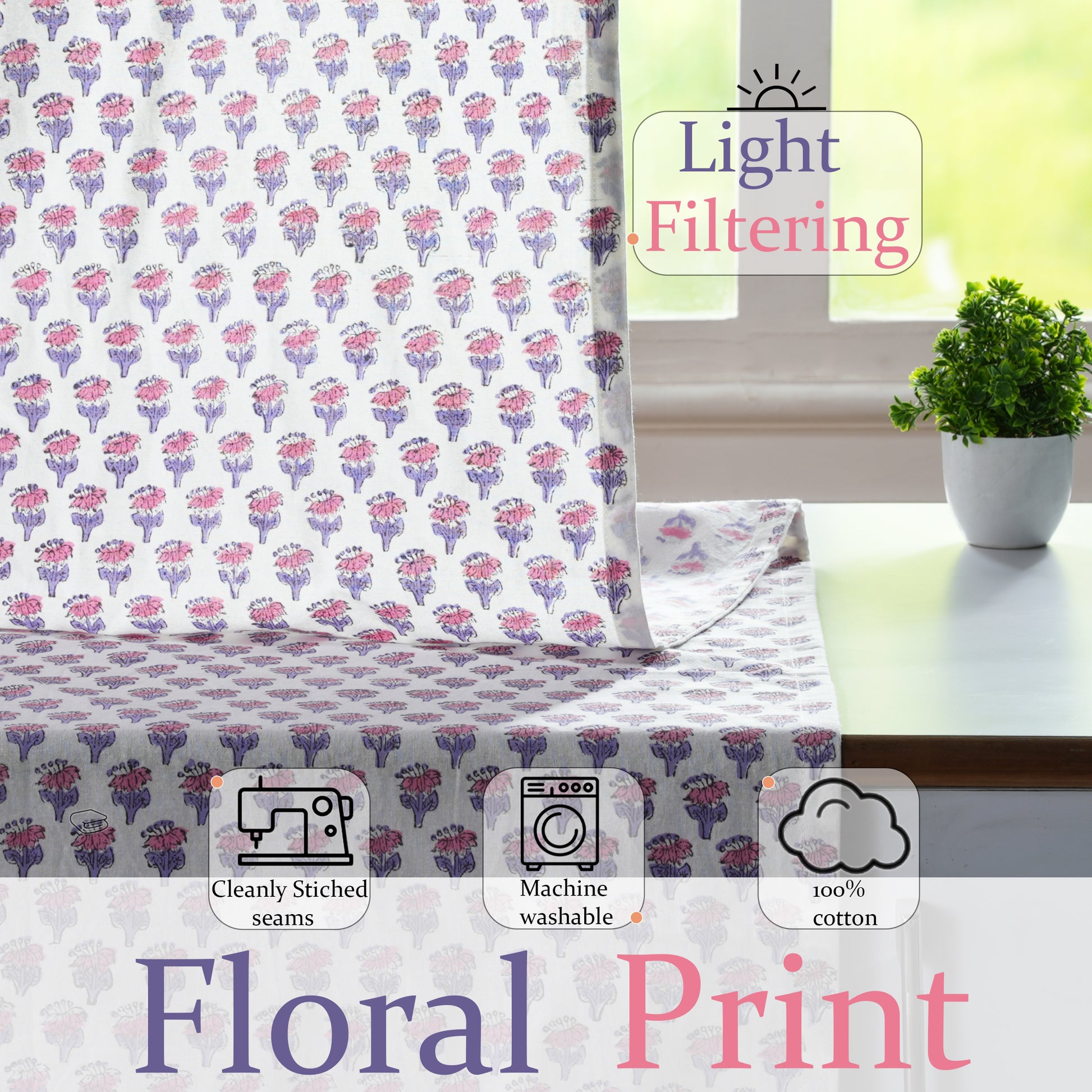 Semi-Sheer Cotton Block Print Curtains - Pink Sapphire