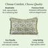 Decorative pillow with text highlighting comfort, quality, eco-friendliness, and durability on a light green background.