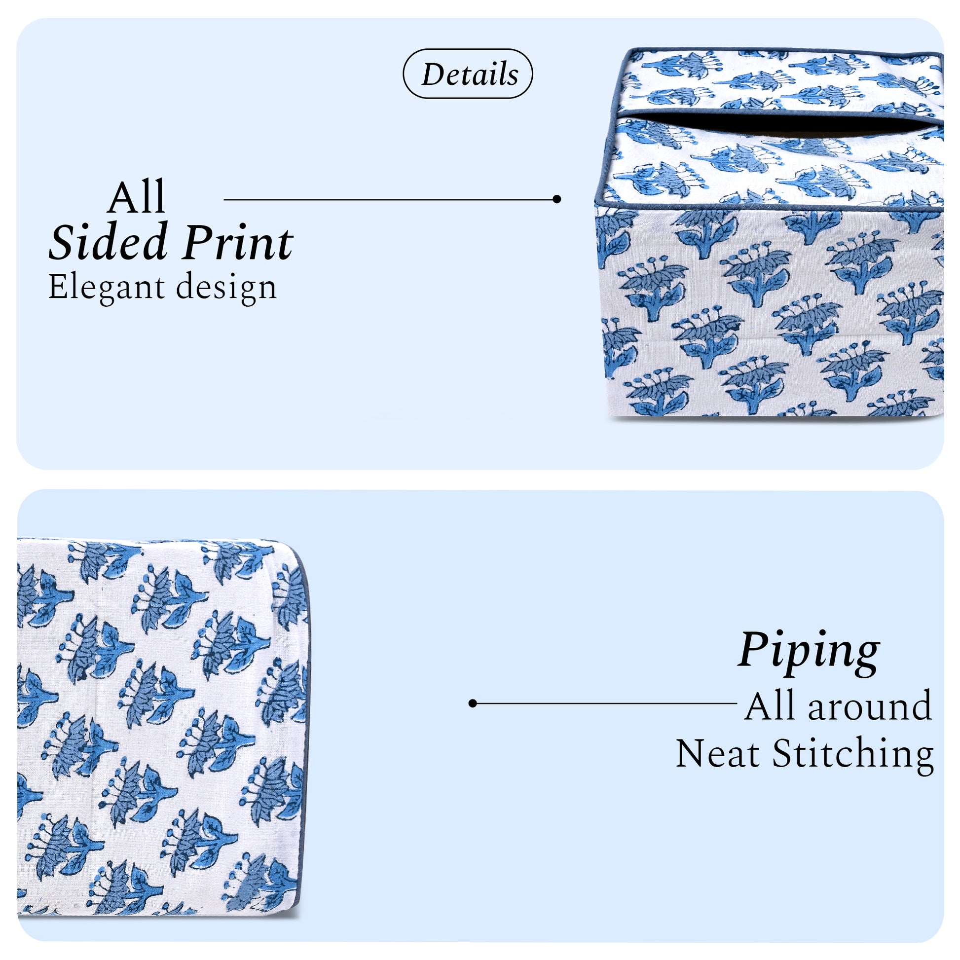 100% Cotton Hand Block Printed Tissue Box Cover - Apatite Blue
