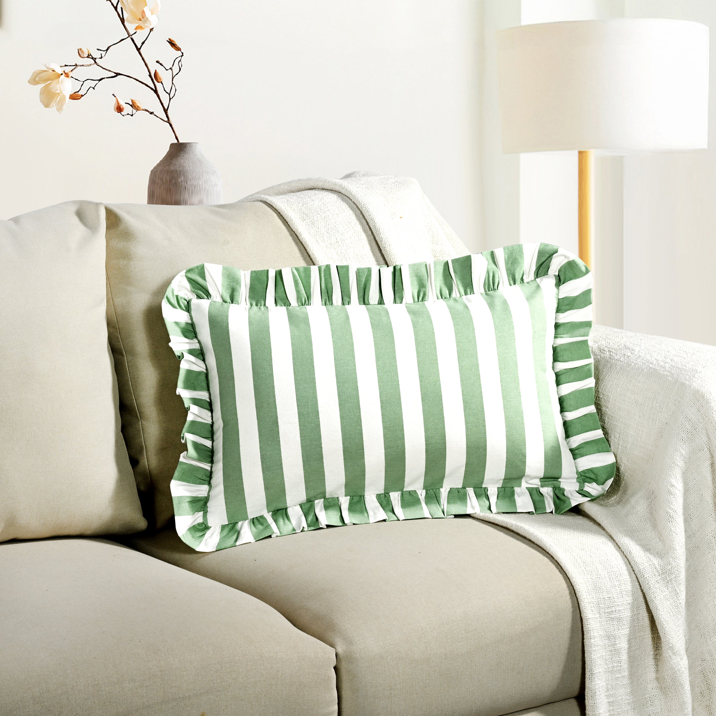 Green Striped Cotton Ruffle Sham Cover