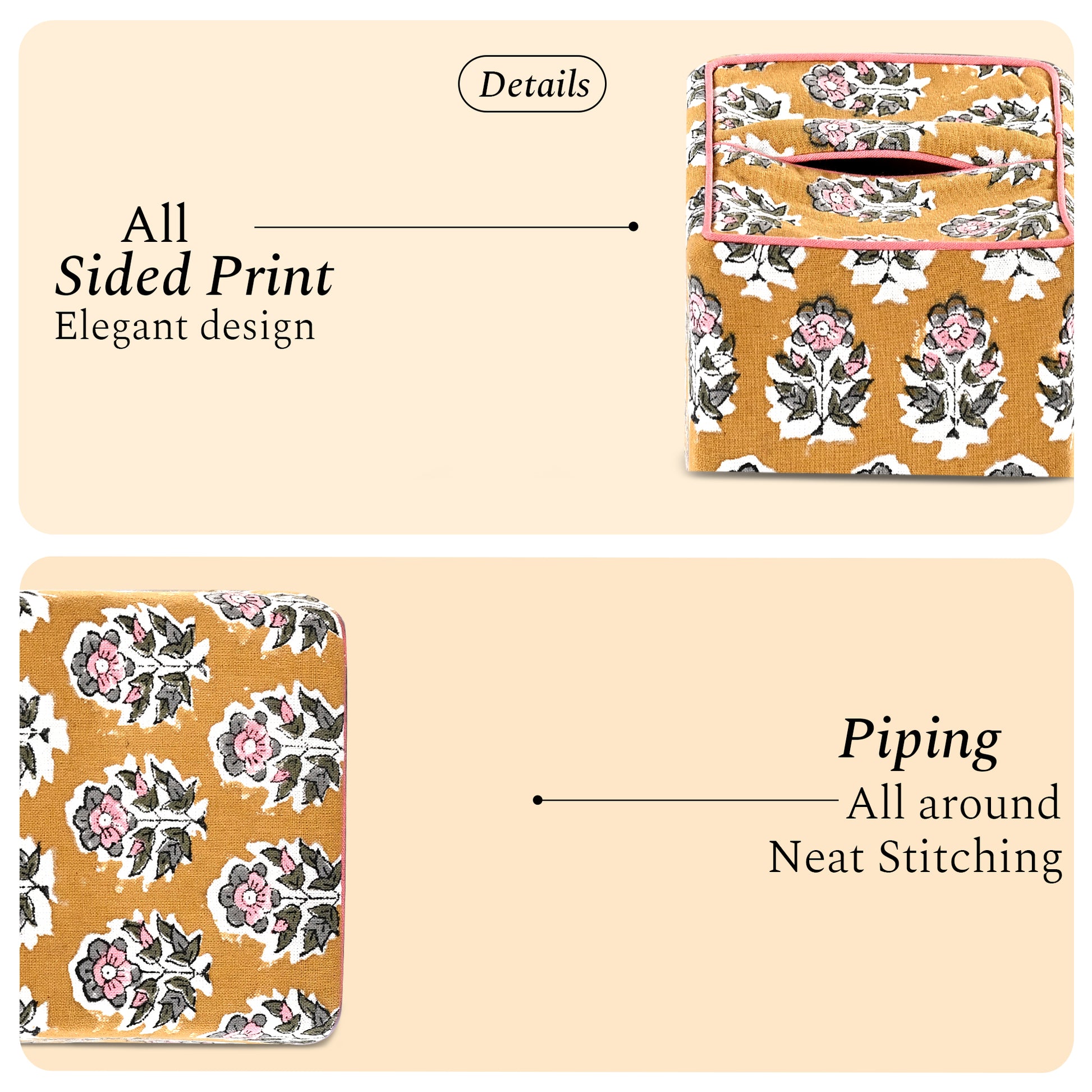 100% Cotton Hand Block Printed Tissue Box Cover - Yellow Citrine