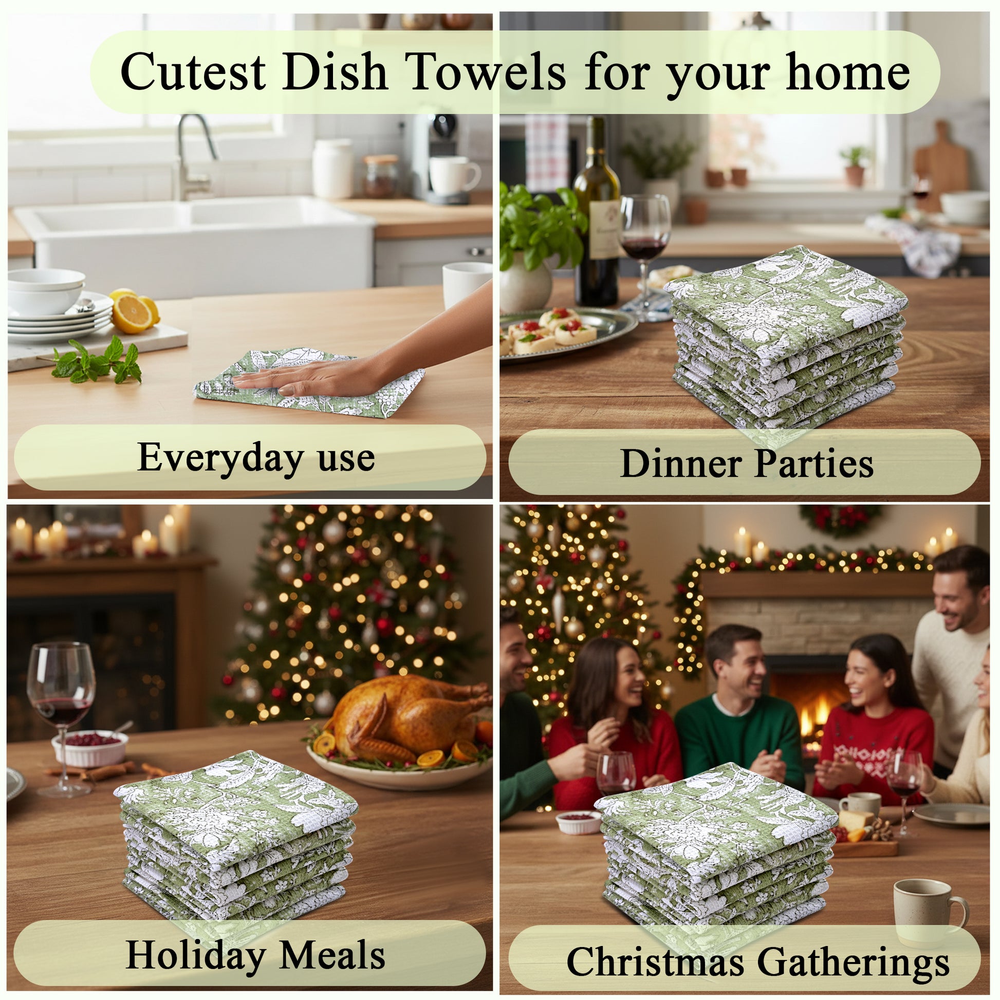 Hand Block Printed Waffle Kitchen Towels – Olive Green