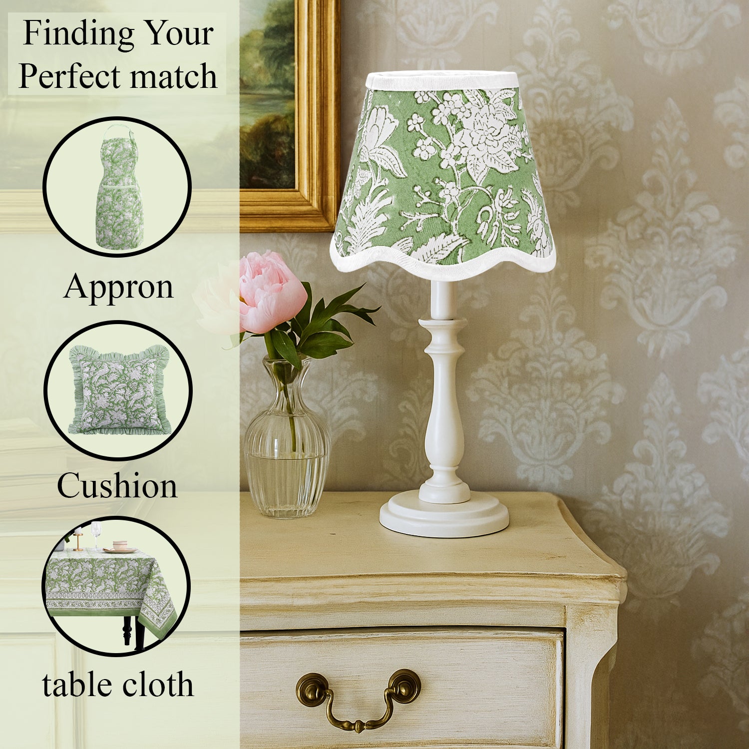 Hand Block Printed Cotton Lampshade – Scallop Floral Olive Green