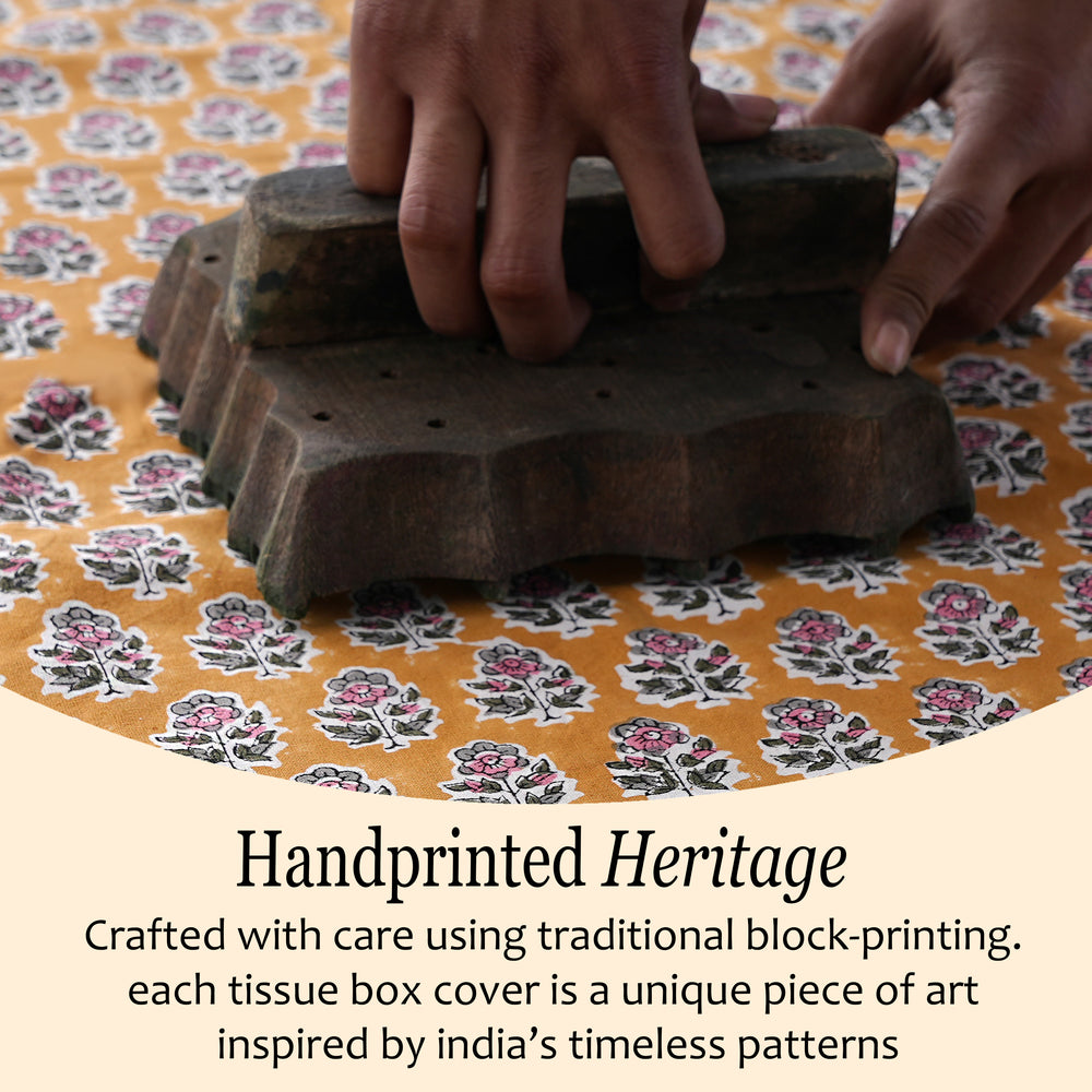 100% Cotton Hand Block Printed Tissue Box Cover - Yellow Citrine