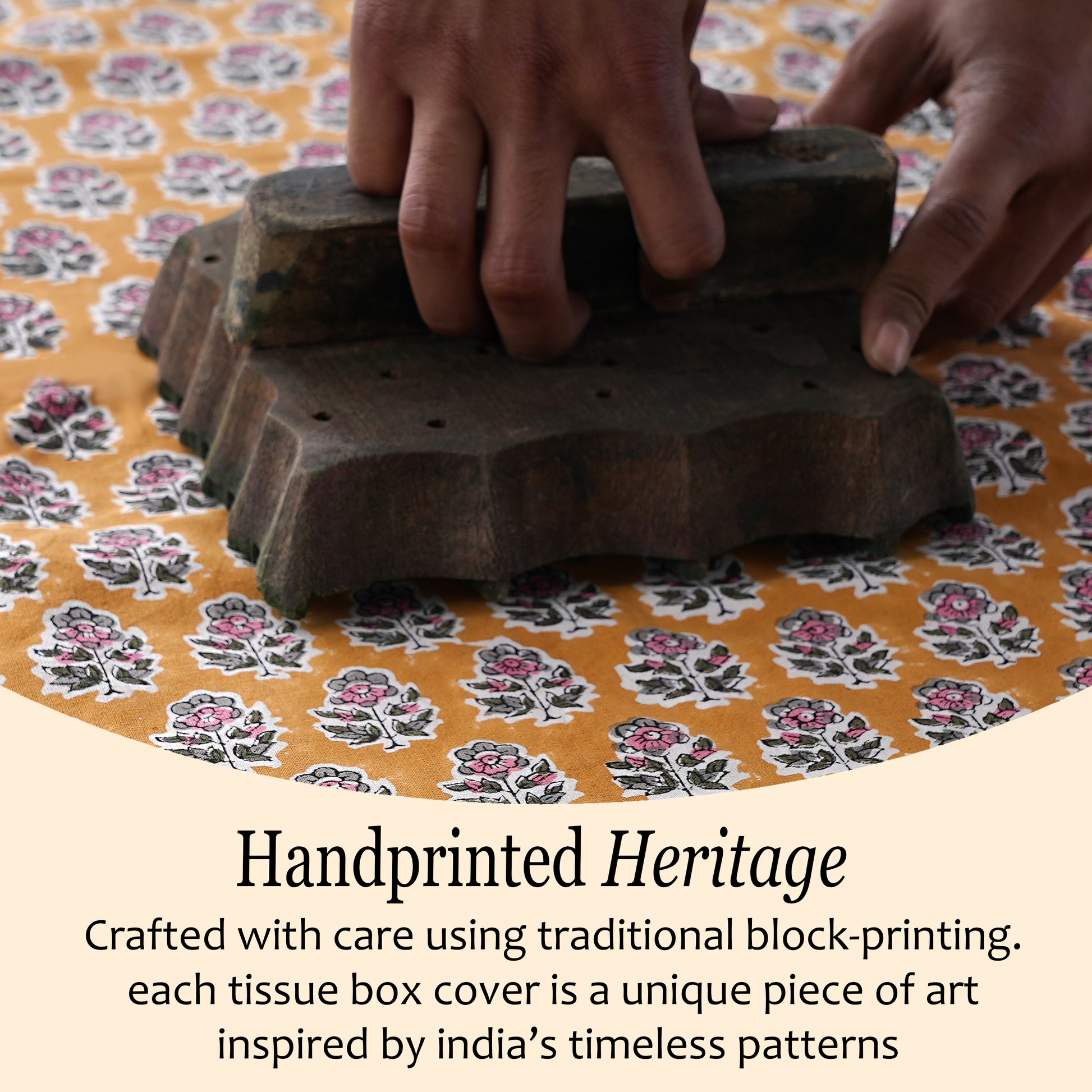 100% Cotton Hand Block Printed Tissue Box Cover - Yellow Citrine