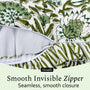 Fabric with green floral pattern and zipper, highlighting 'Smooth Invisible Zipper' feature.