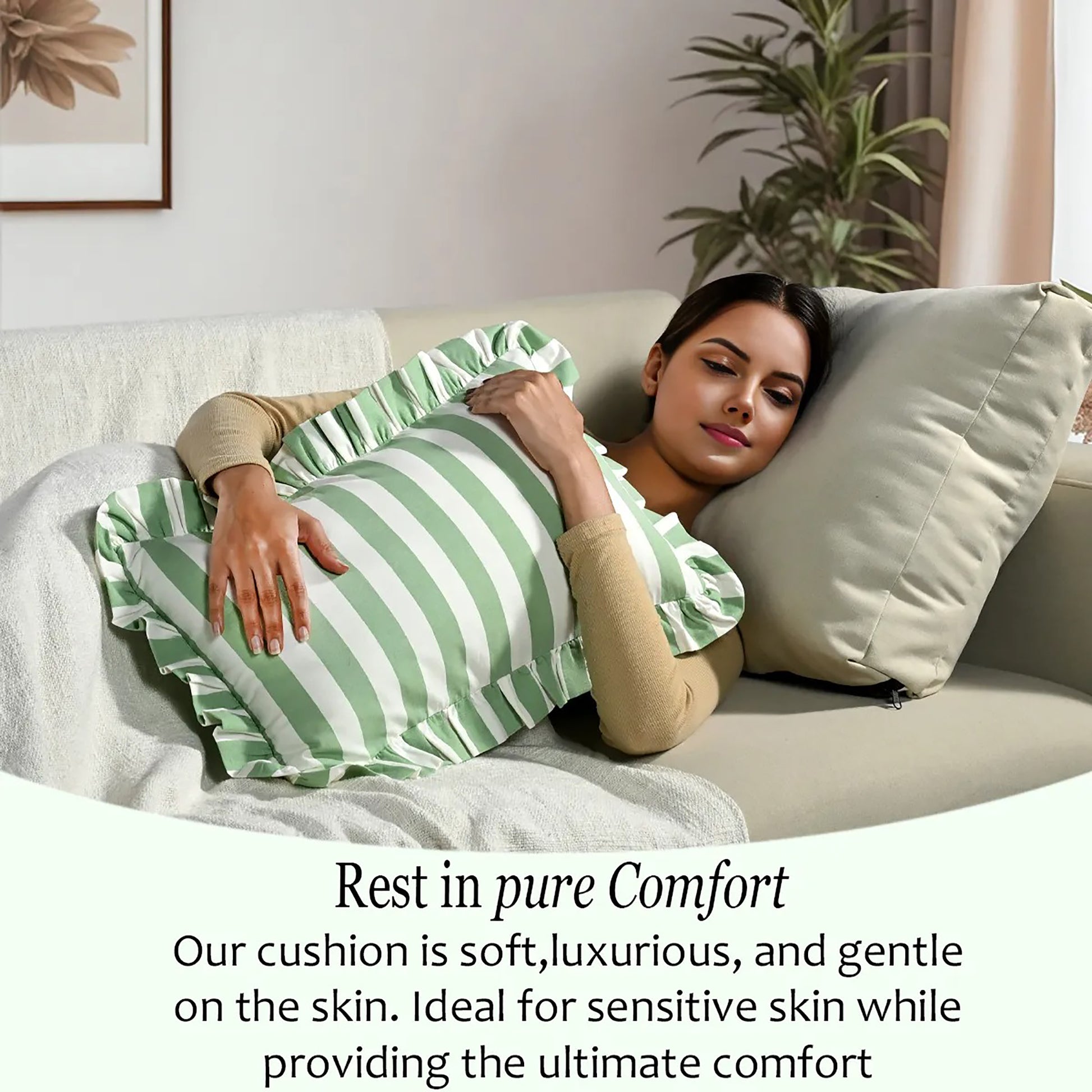 Green Striped Cotton Ruffle Sham Cover