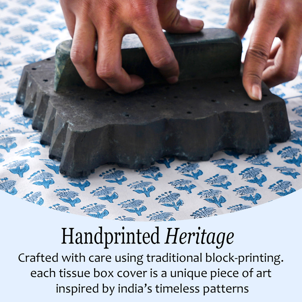 100% Cotton Hand Block Printed Tissue Box Cover - Apatite Blue