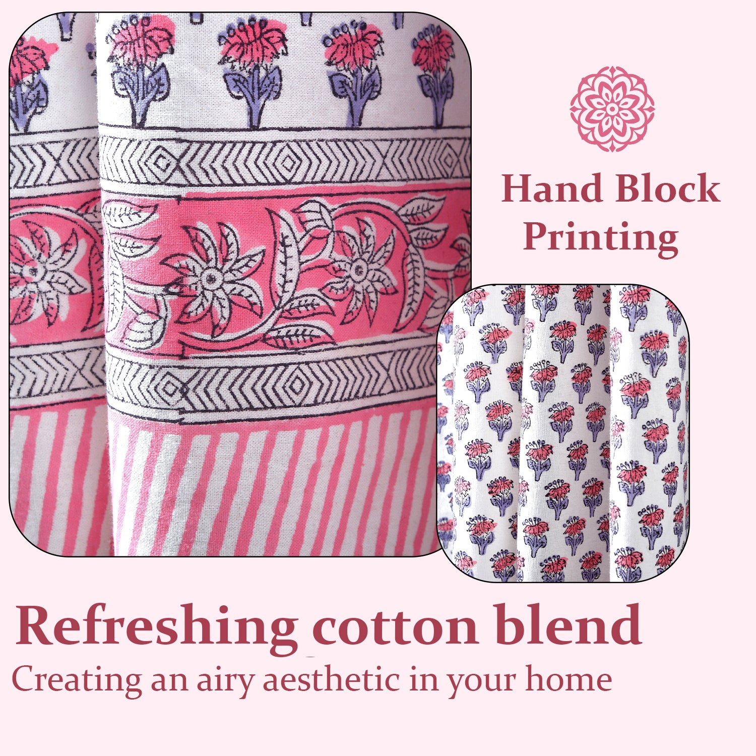 Semi-Sheer Cotton Block Print Curtains - Pink Sapphire