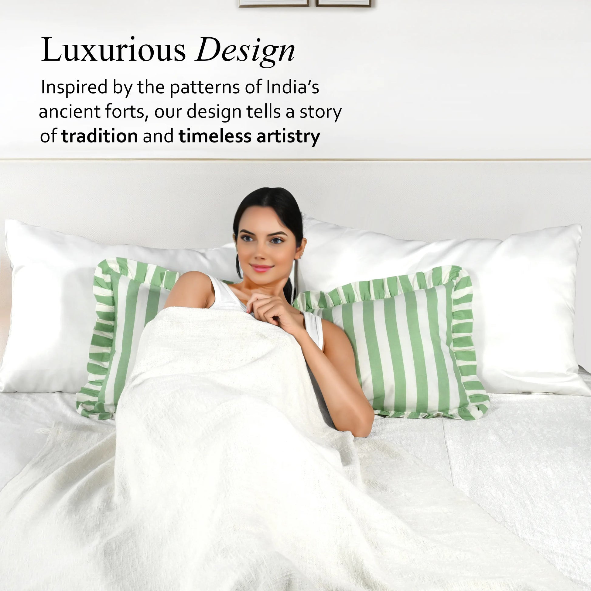 Green Striped Cotton Ruffle Sham Cover