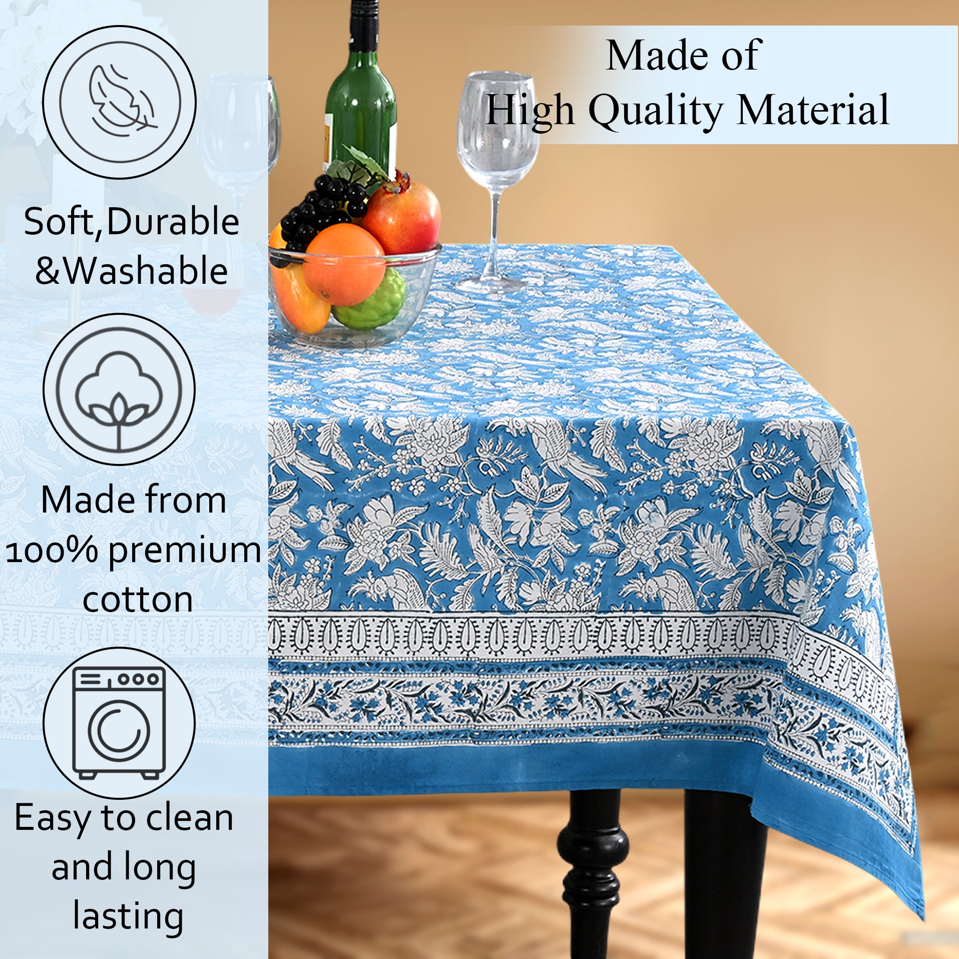 Cotton Block Print Tablecloth – Blue Sapphire