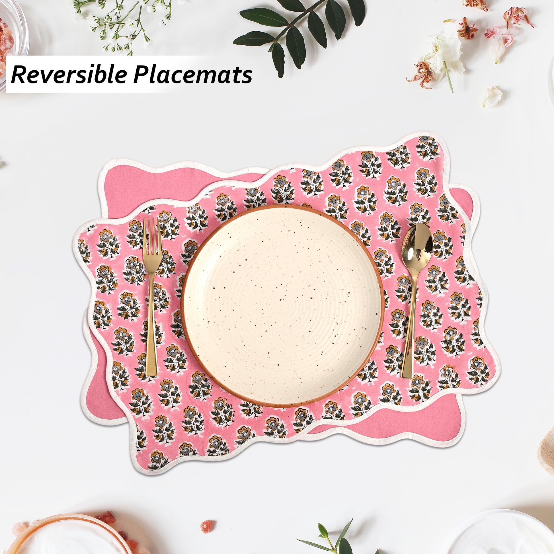 Rectangle 100% Cotton Reversible Placemat Set – Poppy Pink