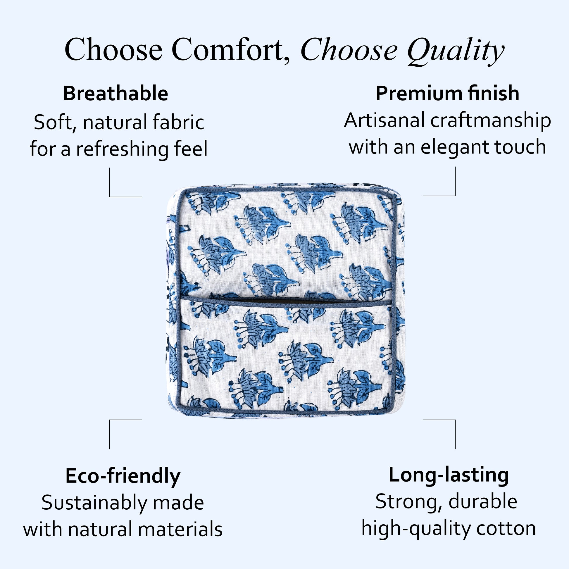 100% Cotton Hand Block Printed Tissue Box Cover - Apatite Blue