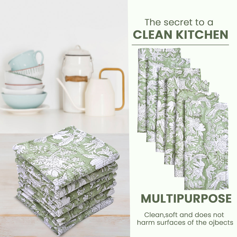 Hand Block Printed Waffle Kitchen Towels – Olive Green