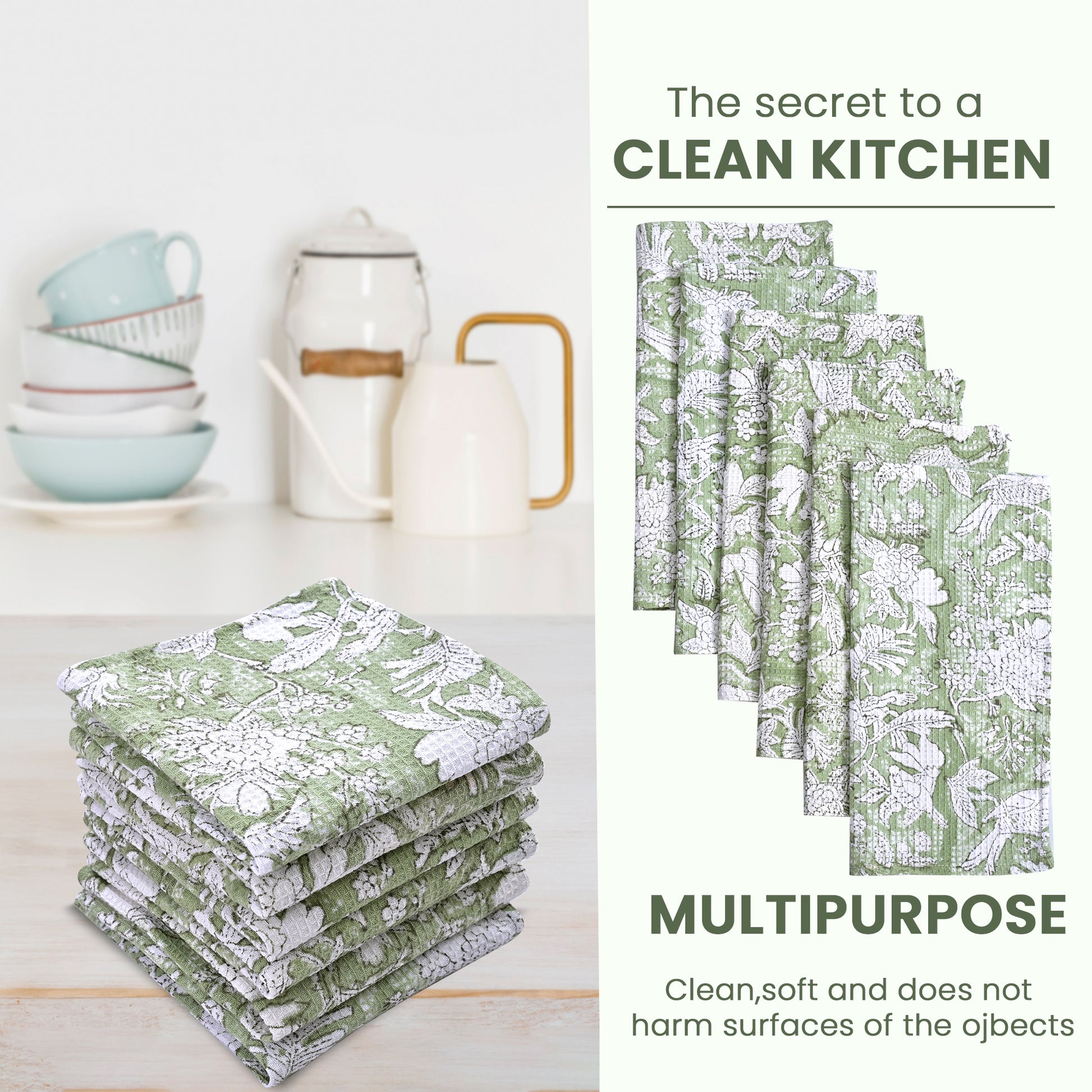 Hand Block Printed Waffle Kitchen Towels – Olive Green