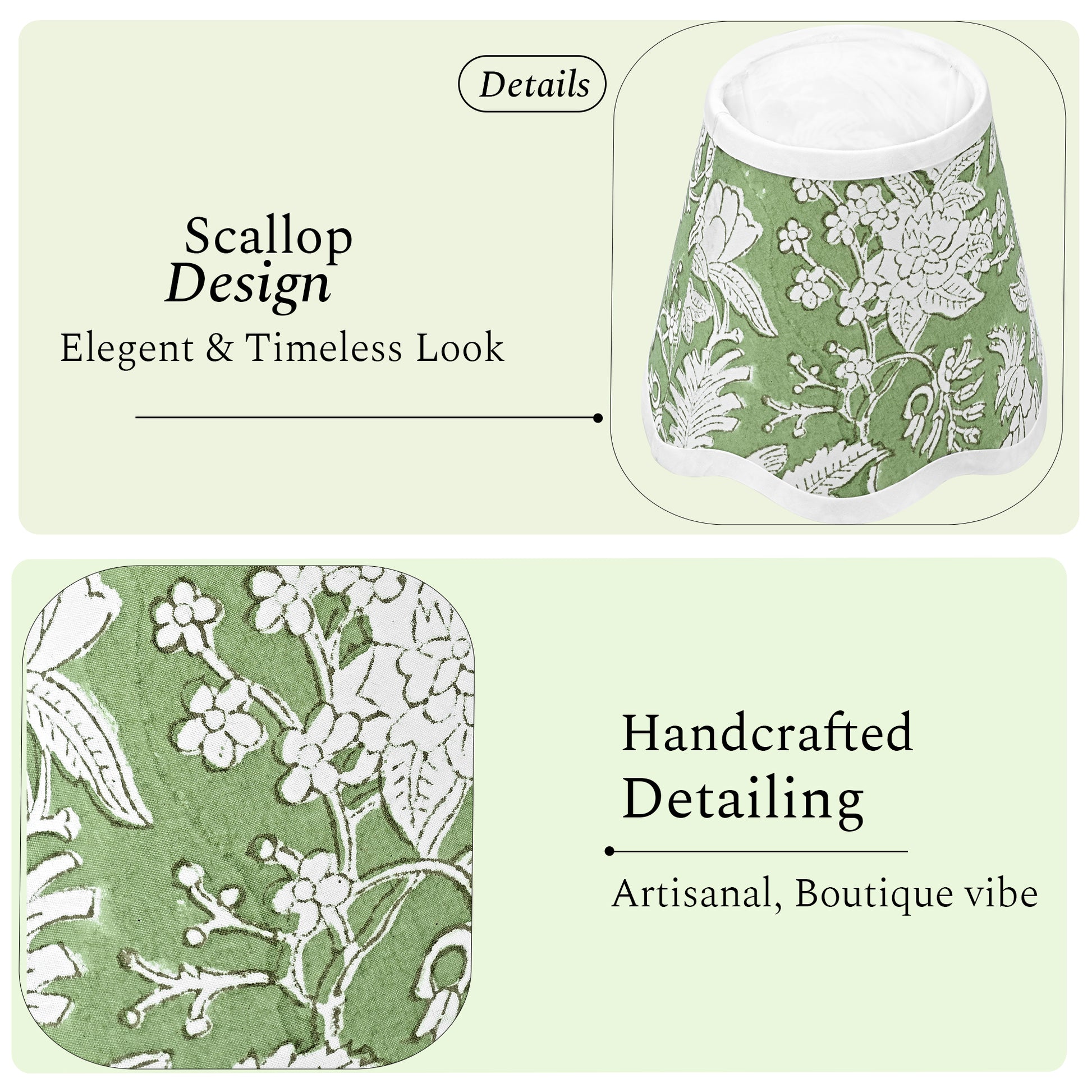 Hand Block Printed Cotton Lampshade – Scallop Floral Olive Green