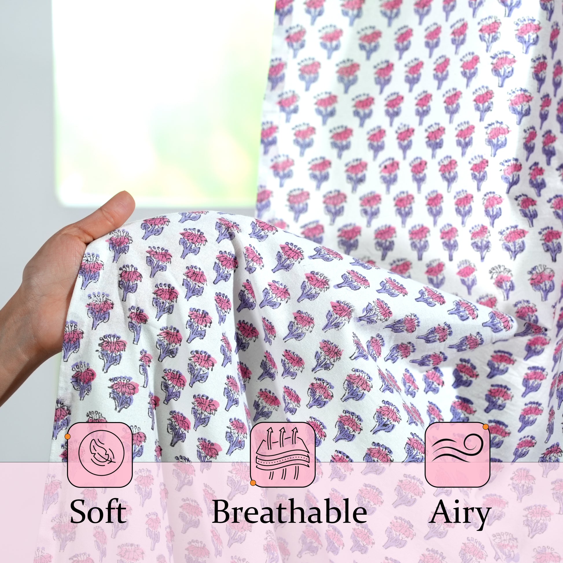 Semi-Sheer Cotton Block Print Curtains - Pink Sapphire