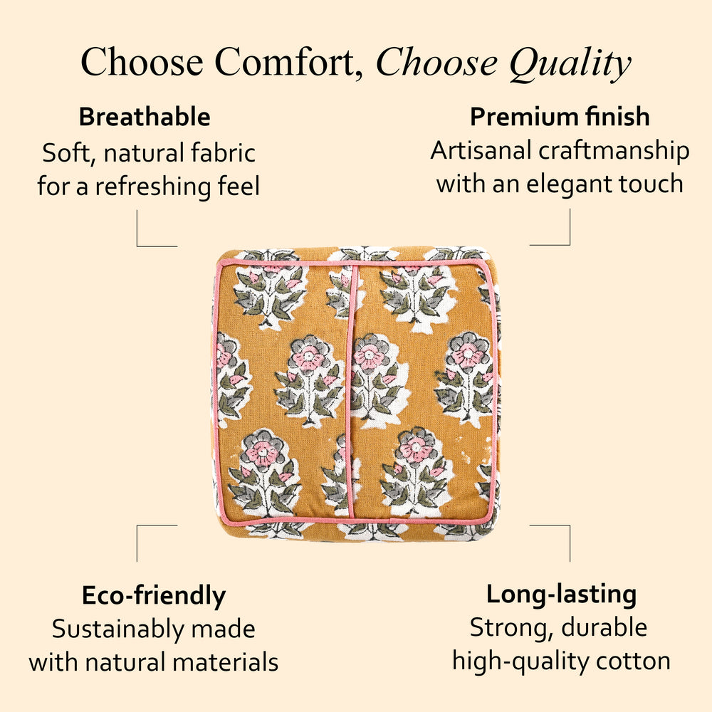 100% Cotton Hand Block Printed Tissue Box Cover - Yellow Citrine