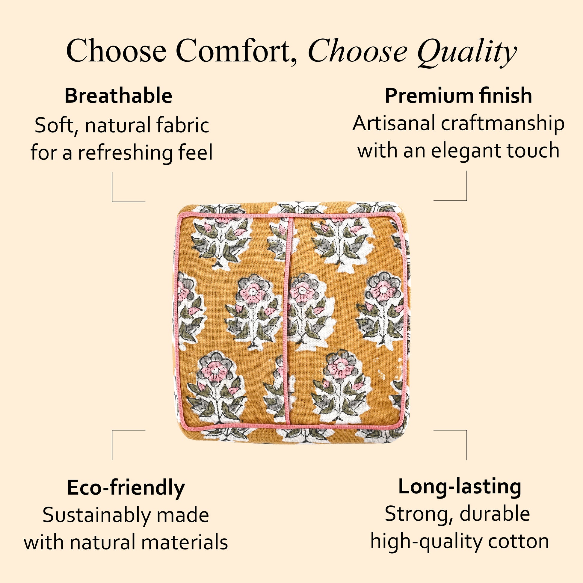 100% Cotton Hand Block Printed Tissue Box Cover - Yellow Citrine