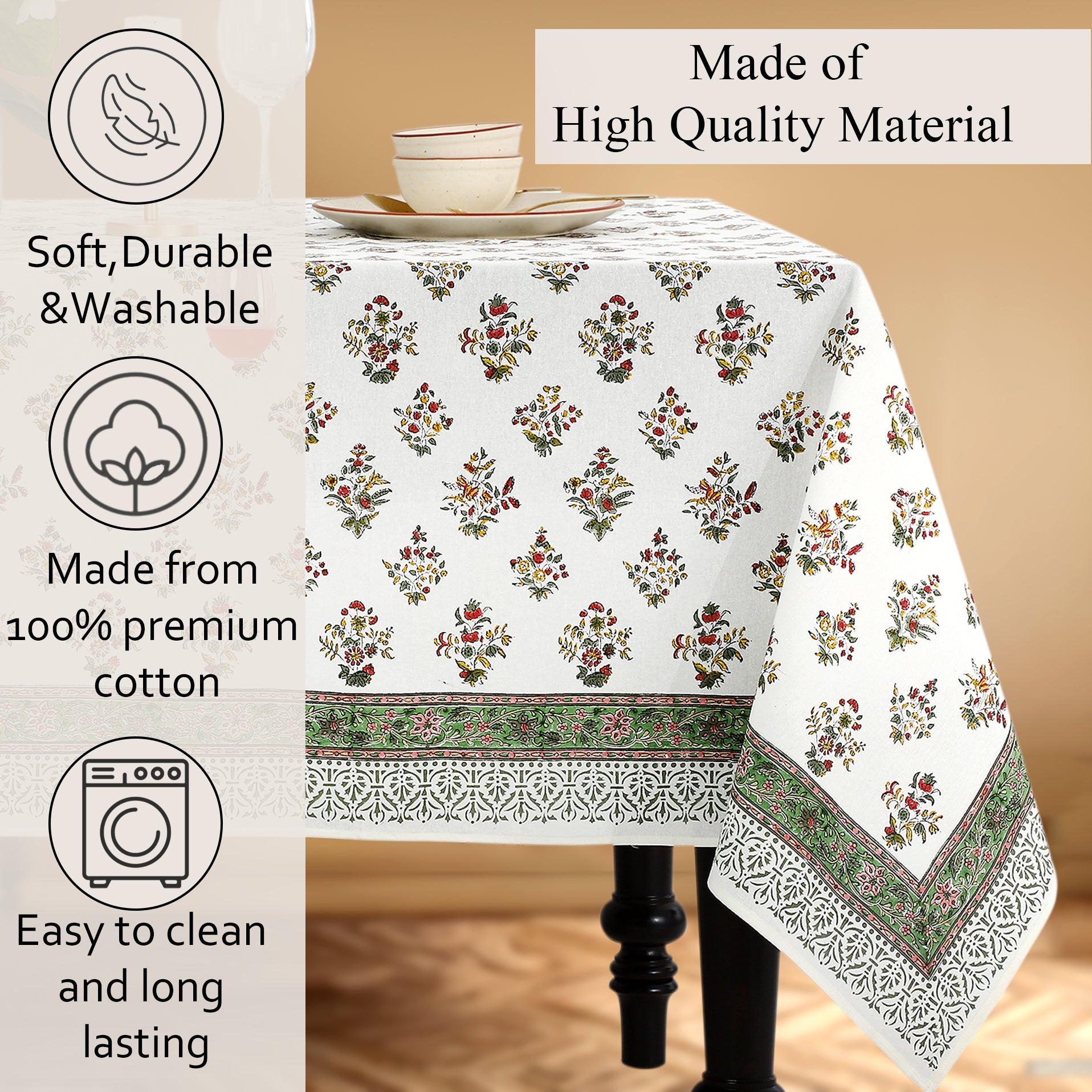 white and green 100% floral tablecloth