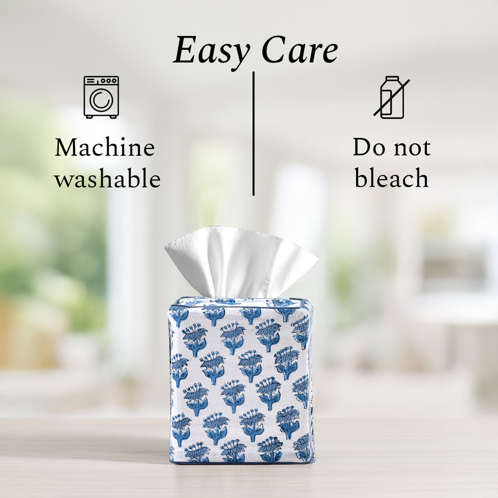 100% Cotton Hand Block Printed Tissue Box Cover - Apatite Blue
