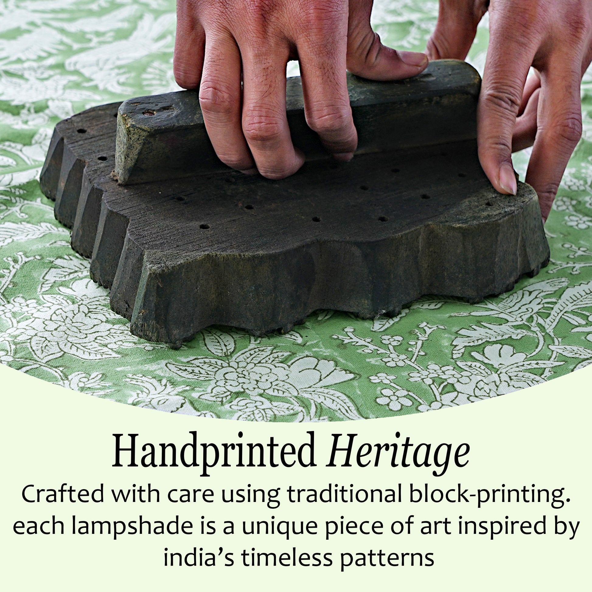 Hand Block Printed Cotton Lampshade – Scallop Floral Olive Green