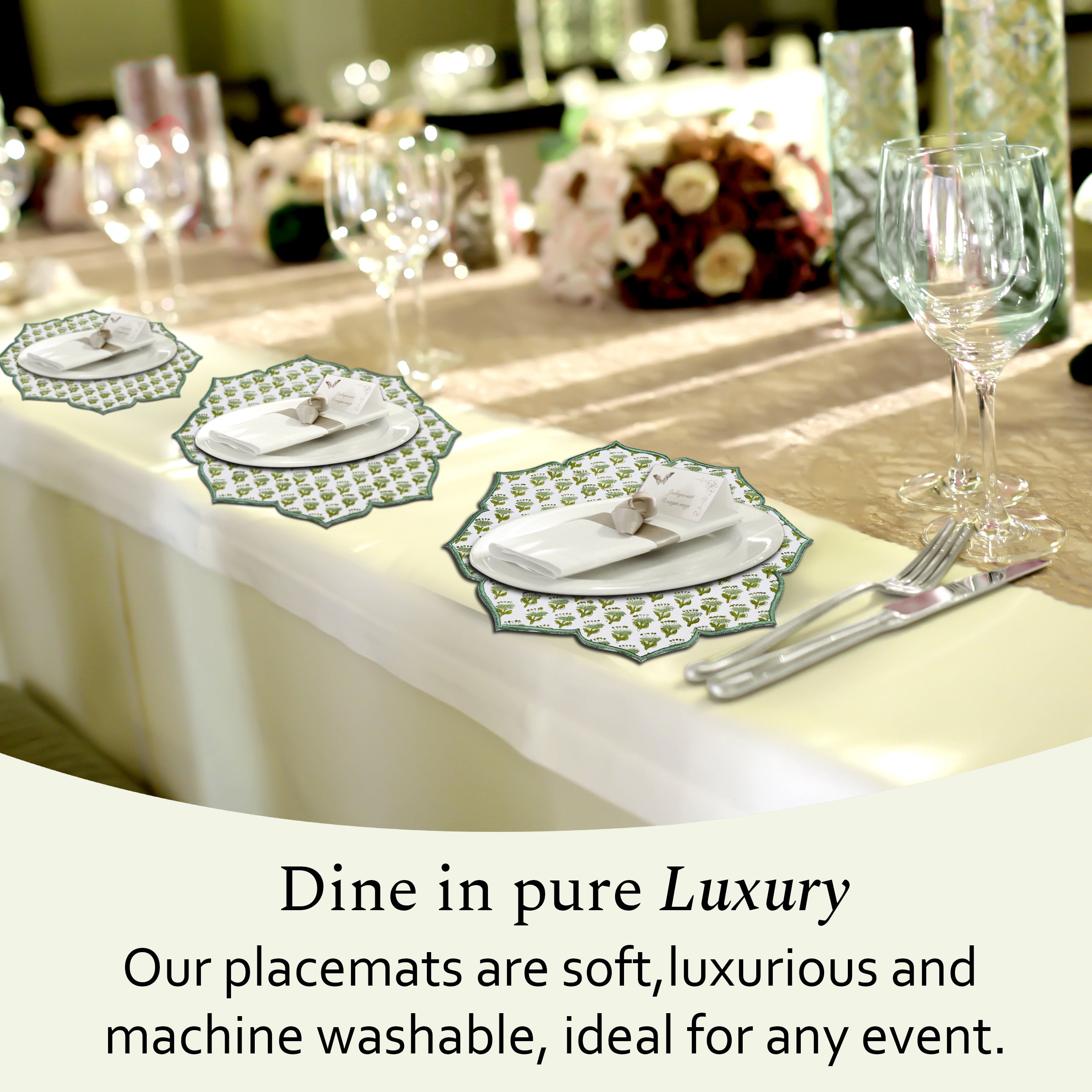 Elegant green cotton placemat paired with ivory plates