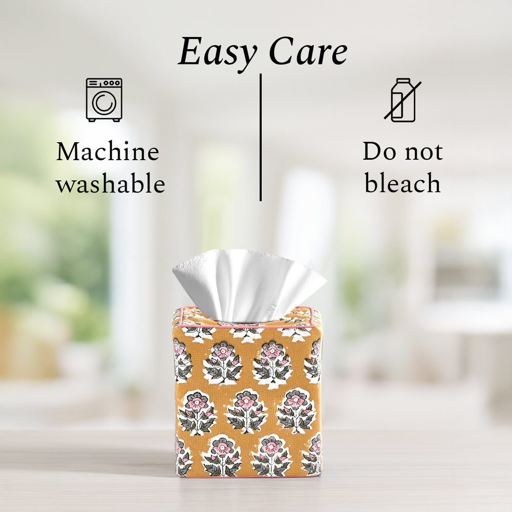 100% Cotton Hand Block Printed Tissue Box Cover - Yellow Citrine