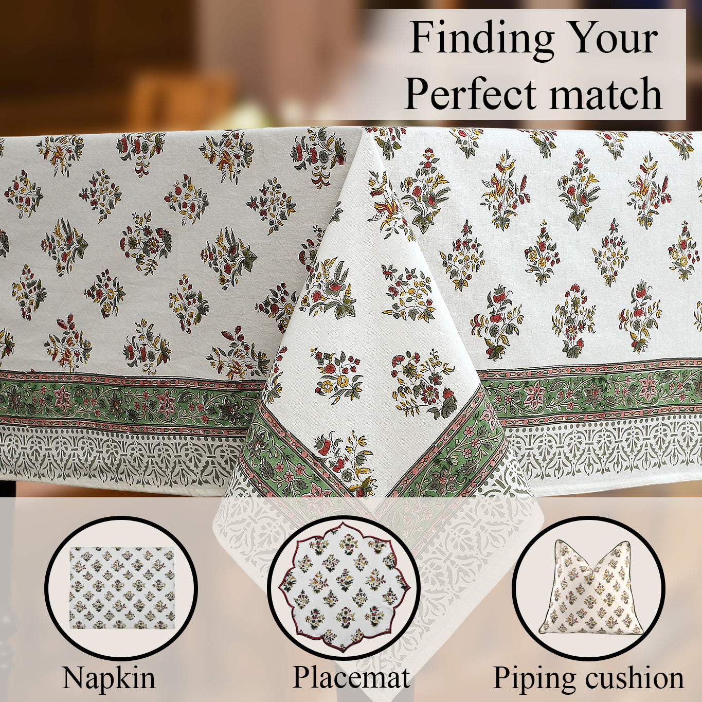 white and green 100% floral tablecloth