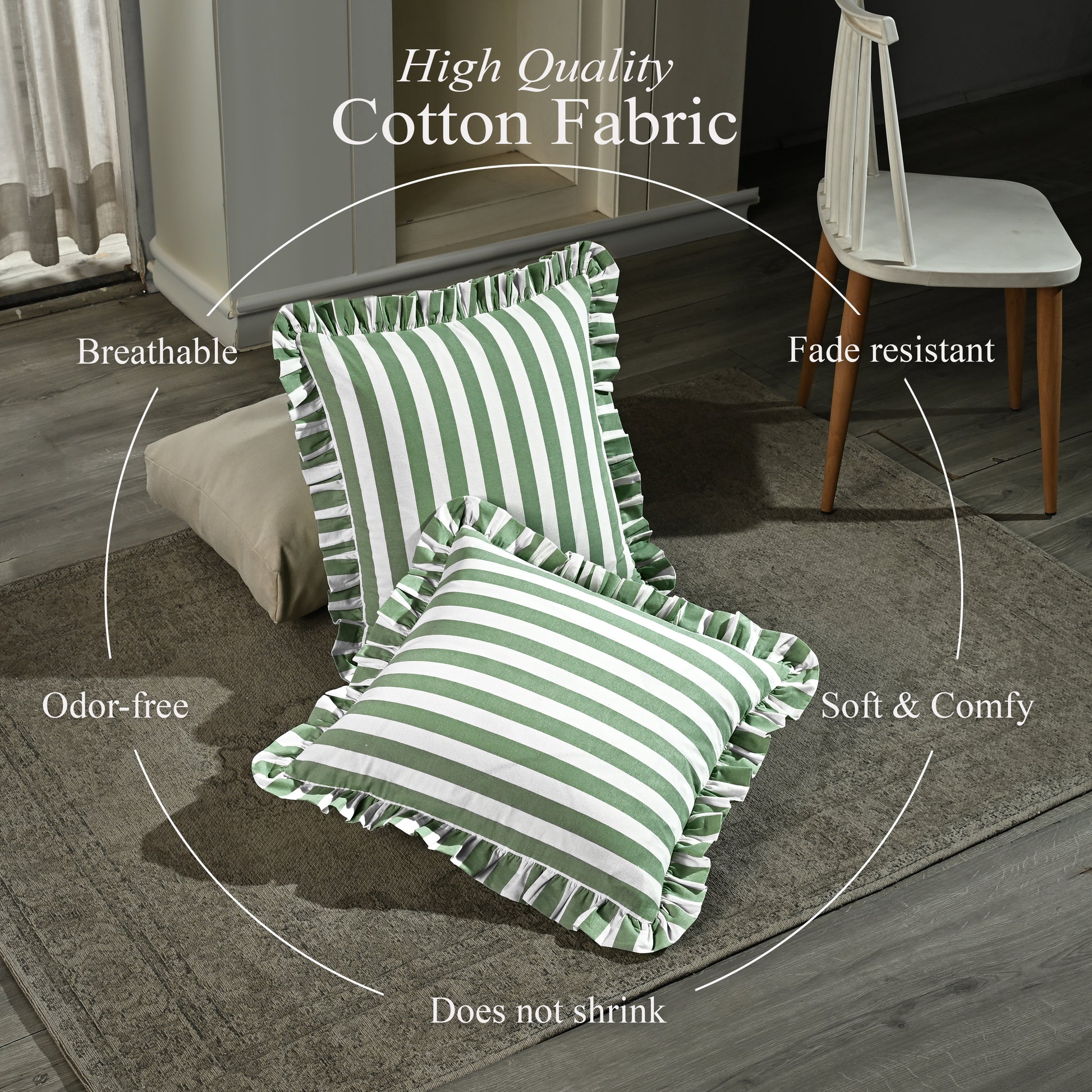 Green Striped Ruffle Throw Pillow Covers