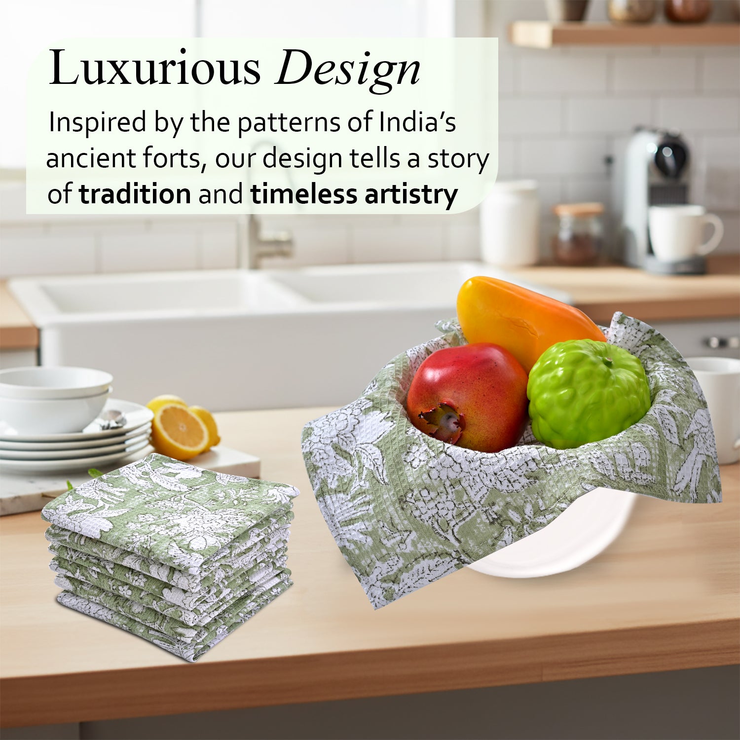 Hand Block Printed Waffle Kitchen Towels – Olive Green