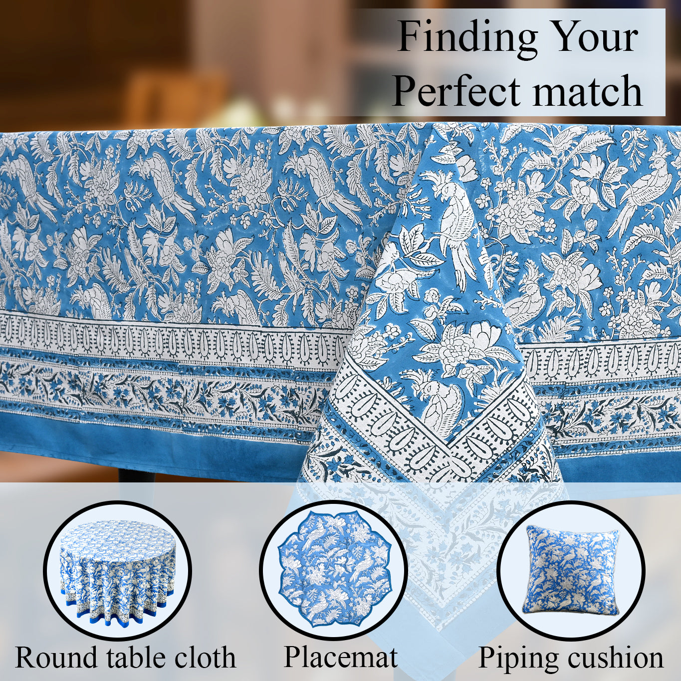 Cotton Block Print Tablecloth – Blue Sapphire