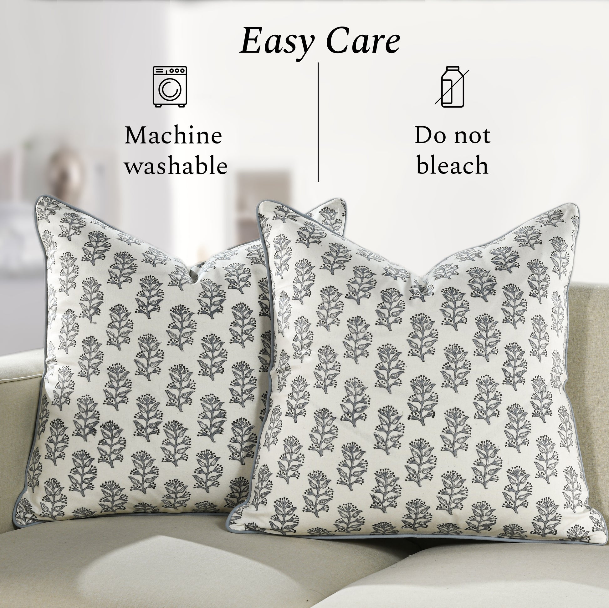 Piping Throw Pillow Covers - Misty Grey Floral (Set of 2)