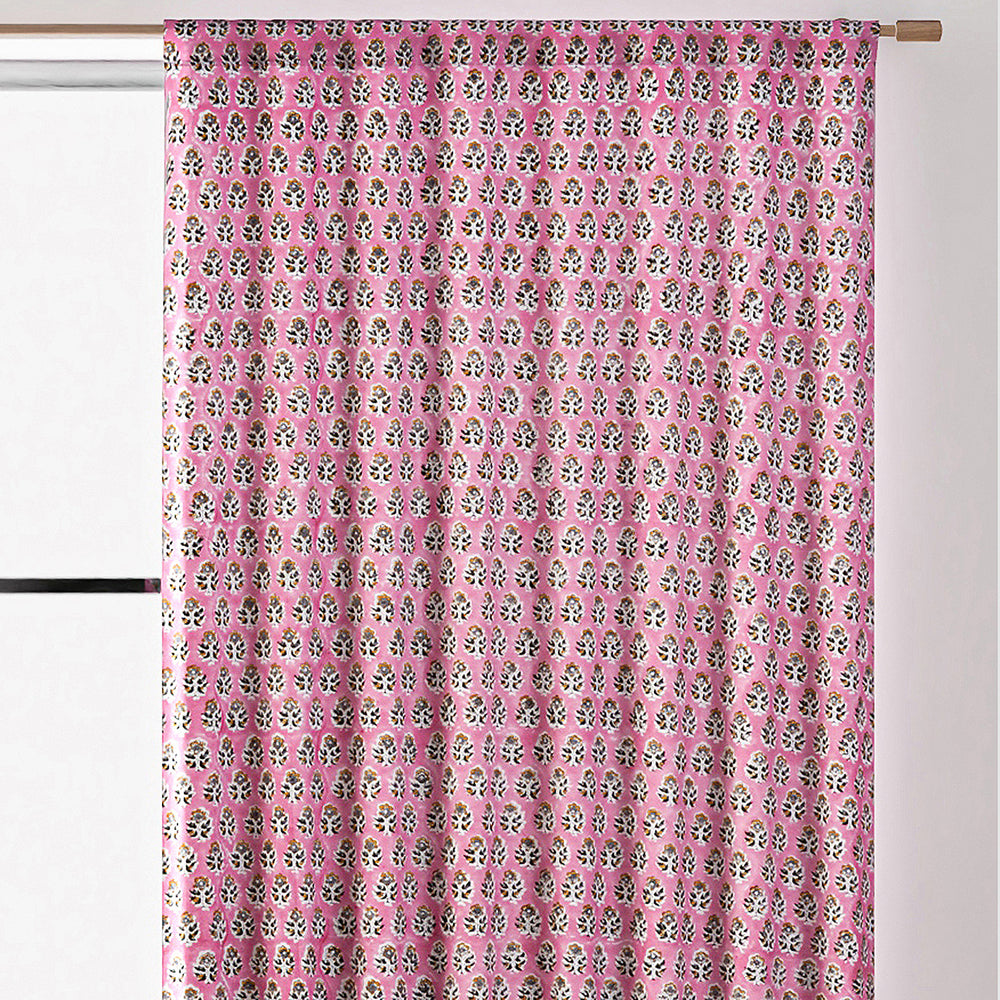 Pattern Block Curtain Poppy Pink Block Printed Cotton Curtains – Semi-Sheer Boho Window ...
