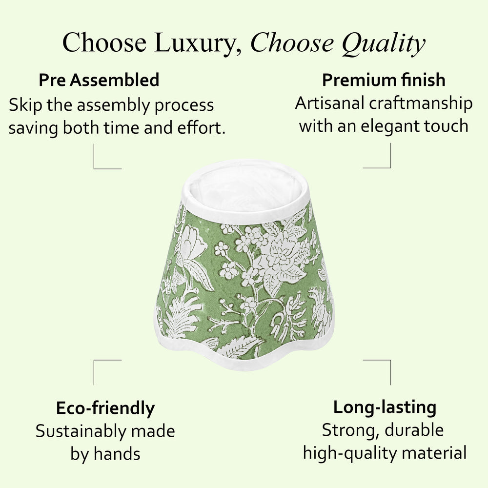 Hand Block Printed Cotton Lampshade – Scallop Floral Olive Green