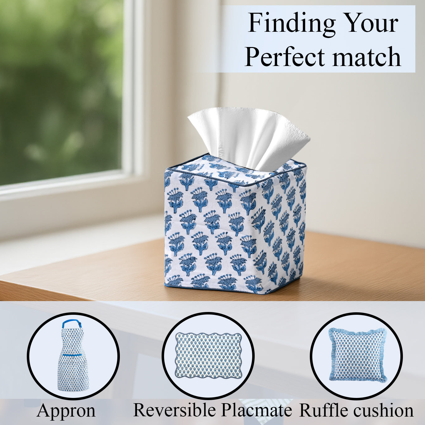 100% Cotton Hand Block Printed Tissue Box Cover - Apatite Blue