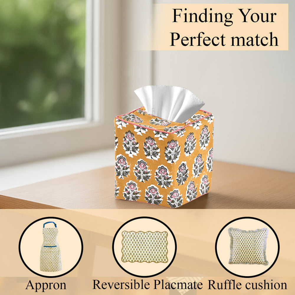 100% Cotton Hand Block Printed Tissue Box Cover - Yellow Citrine