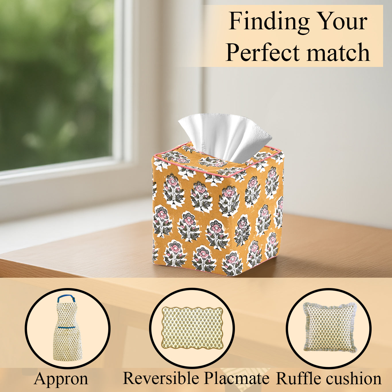 100% Cotton Hand Block Printed Tissue Box Cover - Yellow Citrine