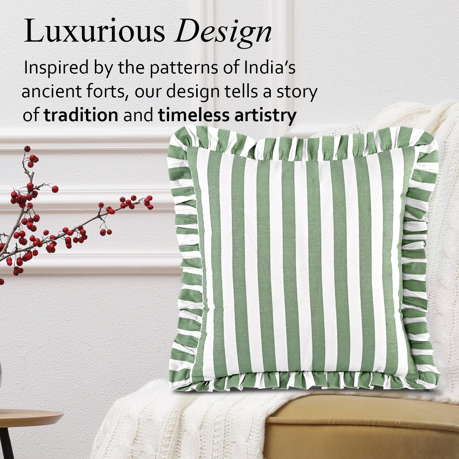 Green Striped Ruffle Throw Pillow Covers