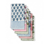 A set of six multicolored cotton cloth napkins with striped border and floral and geometric patterns.