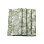 A set of folded olive green cotton cloth napkins with white floral and geometric patterns.