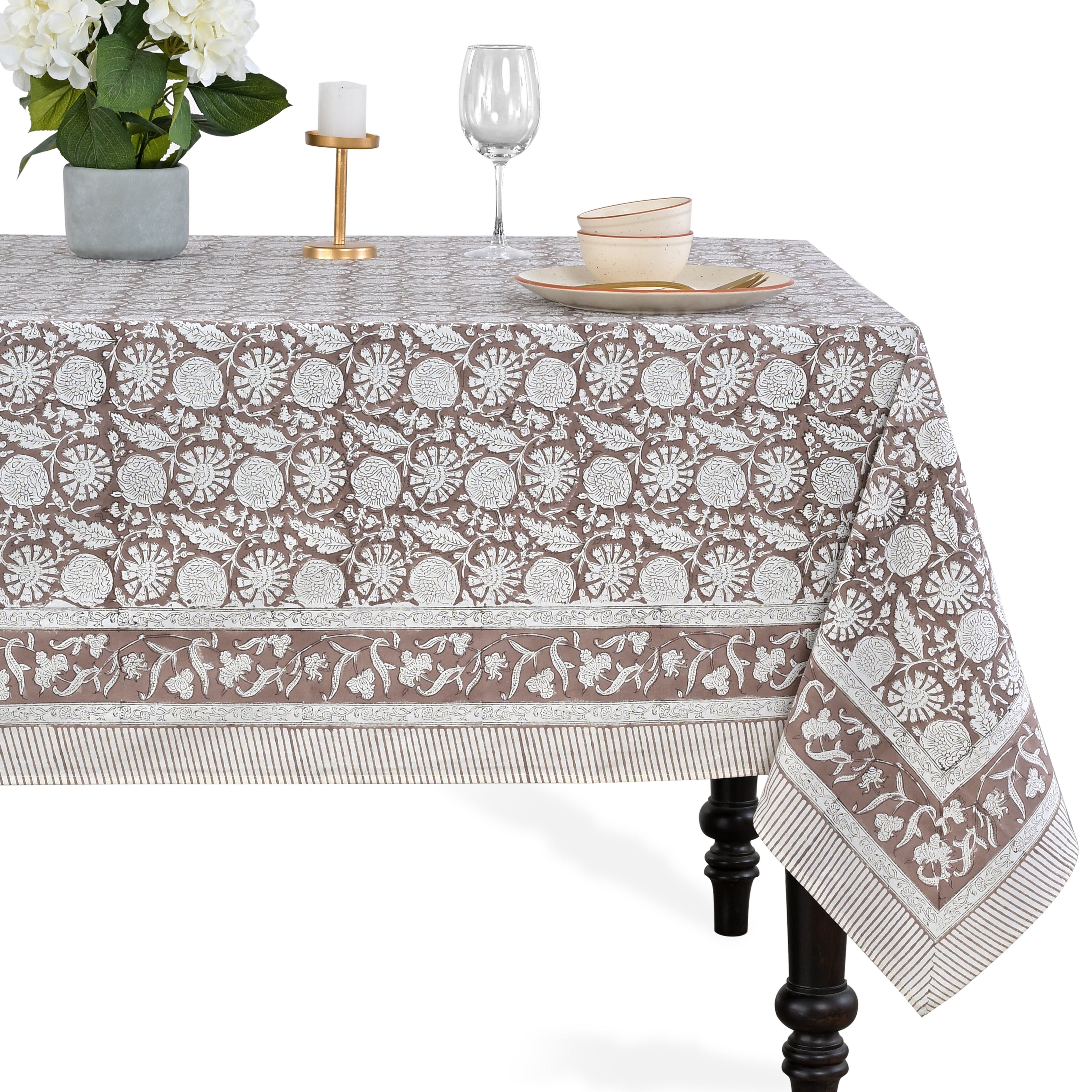 Cotton Block Print Tablecloth – Rustic Brown
