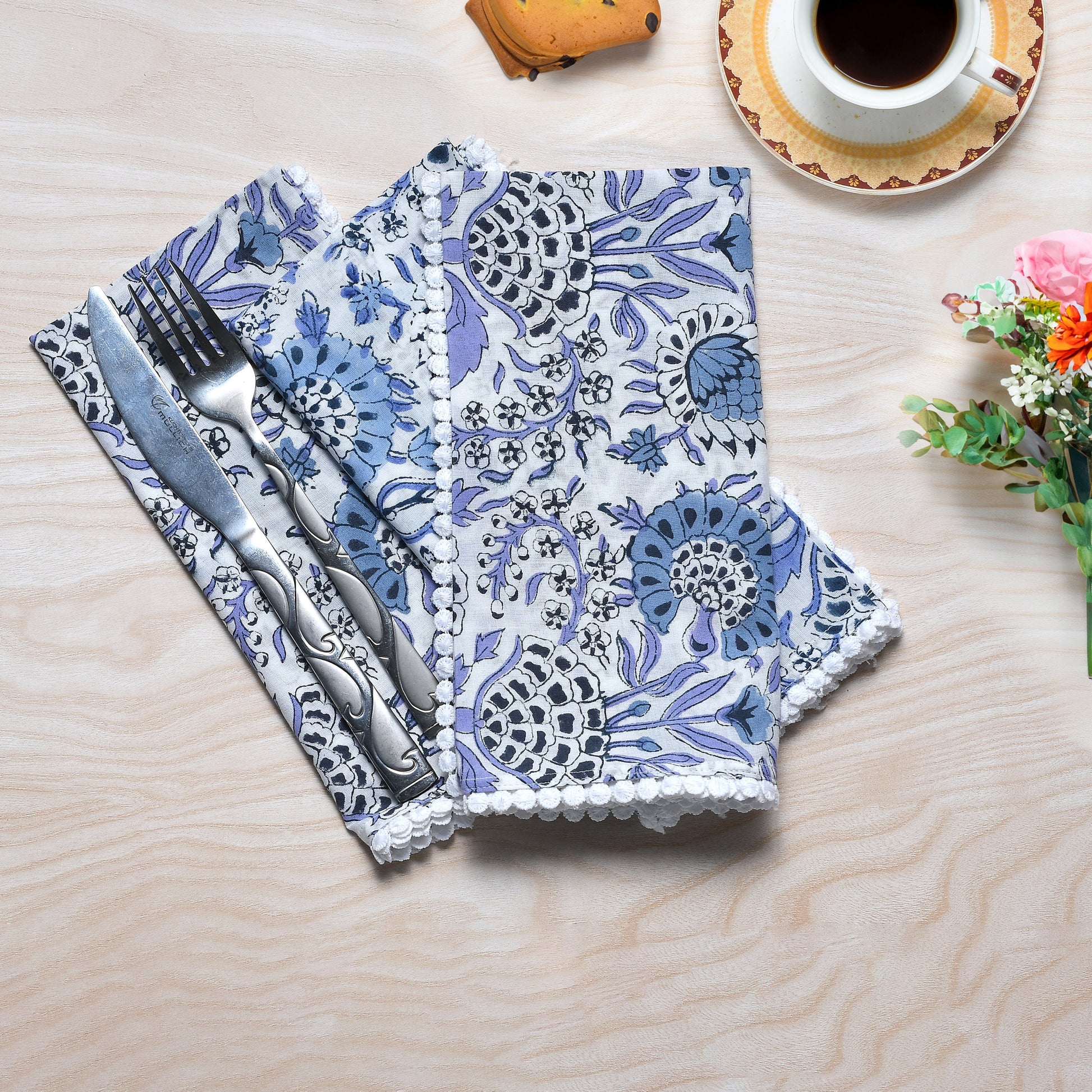 Aqua Blue Indian Block Print Pom-Pom Napkins, Floral Cotton Dinning Table Daily Use Napkins, Farmhouse Wedding Party Napkins 18x18 In