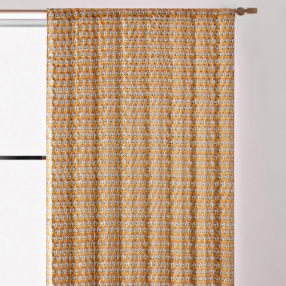 Semi-Sheer Cotton Block Print Curtains - Yellow Citrine