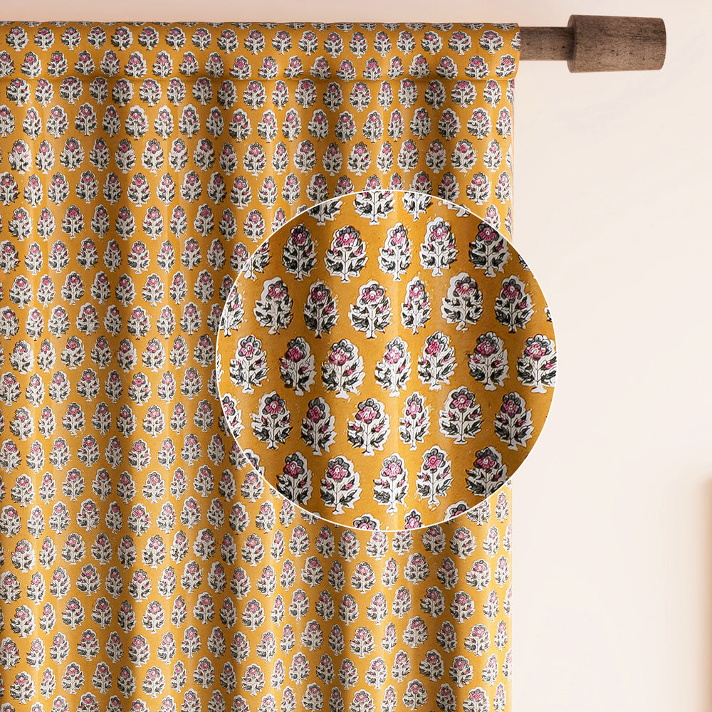 Semi-Sheer Cotton Block Print Curtains - Yellow Citrine