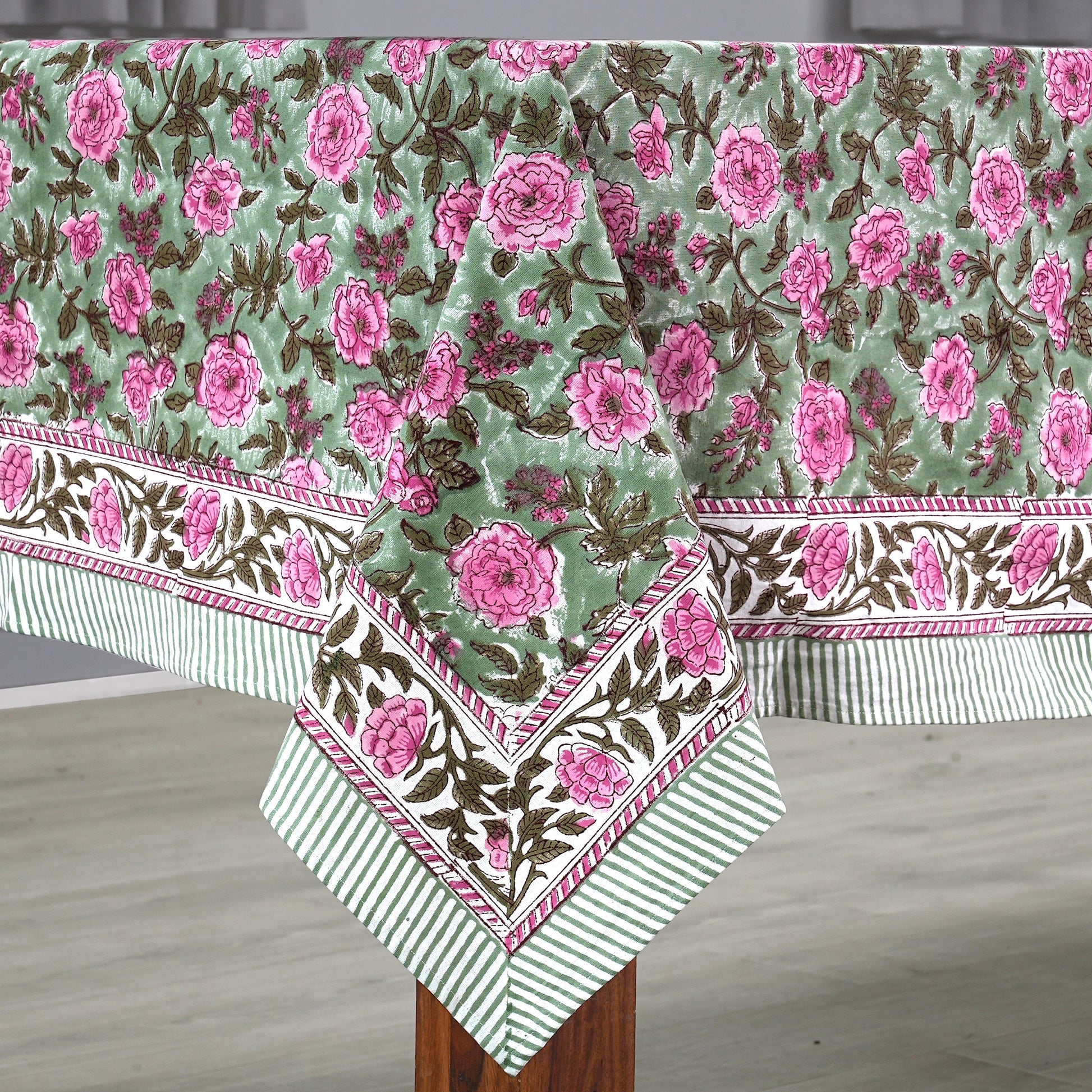 Close up of Pink Tourmaline Print Cotton Tablecloth on Farmhouse Table