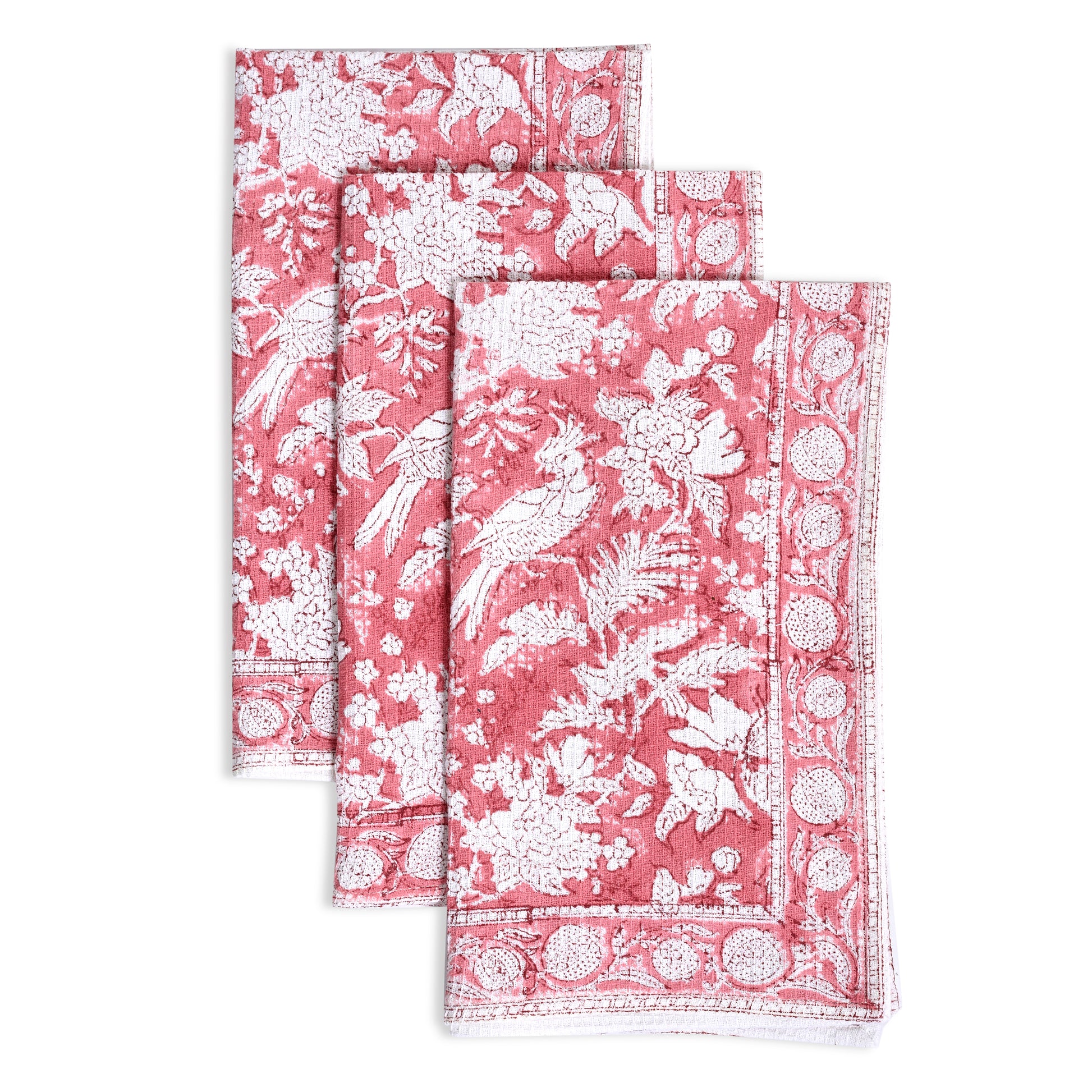 Hand Block Printed Waffle Kitchen Towels – Coral Pink